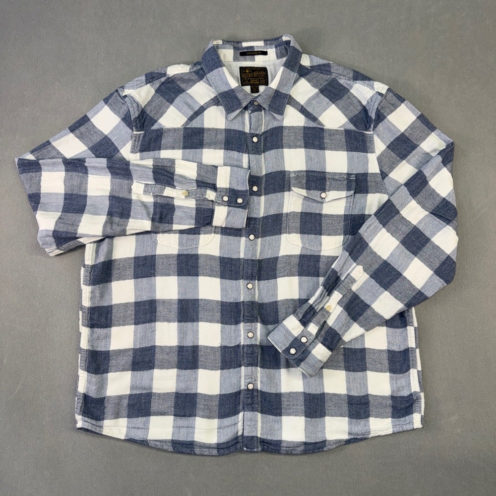 Lucky Brand Mens XL Blue White Buffalo Plaid Western Pearl Snap Flannel Shirt